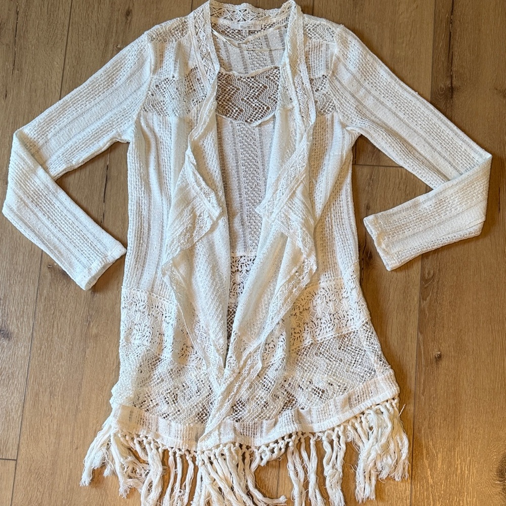 Miss Me Cream Open-Front Cardigan with Fringe